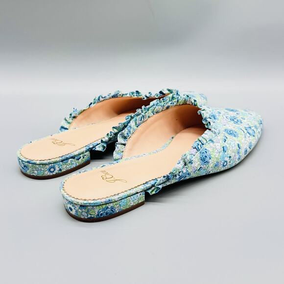 J Crew Shoes Women 8 Blue Green Floral Ruffle Trim Mule Flat Pointed Toe Slip On - Picture 8 of 12